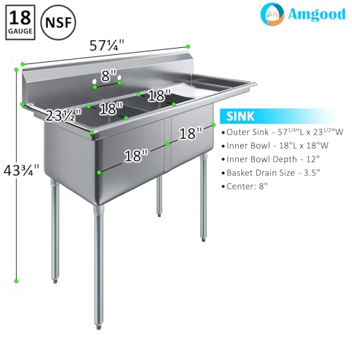 Image of AmGood Stainless Steel Prep & Utility Sink | 304 Stainless Steel | Restaurant, Kitchen, Laundry, Garage | NSF (23 in. x 57 in. | Two Bowls | Right Drainboard)