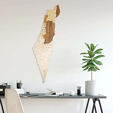 68travel Drewniana mapa Izraela (36 x 100 cm) wielowarstwowa duża sztuka ścienna z naturalnymi plamami - do salonu, gabinetu, biura