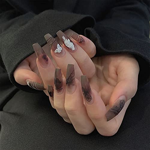 Press on Nails Long Coffin Fake Nails Embossed Flower False Nails French Black Glossy Acrylic Nails Stick on Nails Artificial Fake Nails with Glue Full Cover Nail Tips for Women and Girls 24PCS