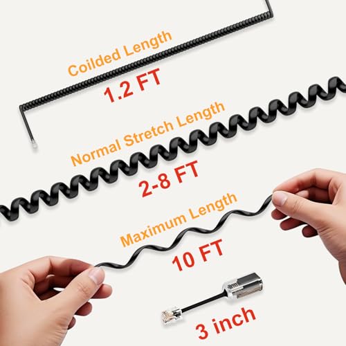 Image of Uvital 1 Pack Telephone Handset Cords with Detanglers, RJ9 4P4C, Black | Landline Phone Cord Cable 10Ft Uncoiled(1.2Ft Coiled) , 360 Rotating Anti-Tangle Swivel Telephone Cords Untangler, Office