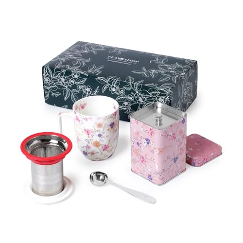 TEA SHOP - Pack Taza de porcelana con Filtro y Tapa + Lata y Cuchara medidora - Set Tea Time Miracle Beauty - Perfecto para Regalo TEA SHOP - Pack Taza de porcelana con Filtro y Tapa + Lata y Cuchara medidora - Set Tea Time Miracle Beauty - Perfecto para Regalo