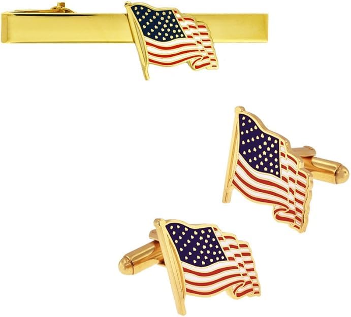 Image of PinMart's Gold Color Plated and Silver Made in the USA American Flag Enamel Lapel Pin, Cufflink & Tie Clip