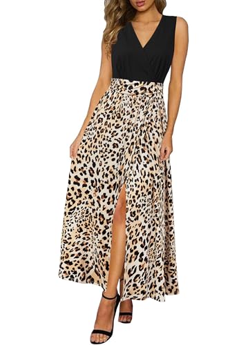 Newshows Sommerkleid Damen Lang Maxikleid Sommer V Ausschnitt Kleid Freizeitkleid Blauer Leopardenmuster,L