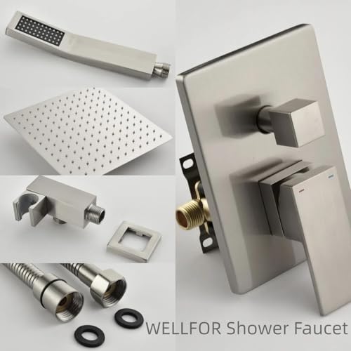 WELLFOR Sistema de ducha de montaje en techo de 12 pulgadas color Níquel cepillado, combinación de ducha de lujo, sistema de lluvia, incluye válvula y grifería miniatura 4