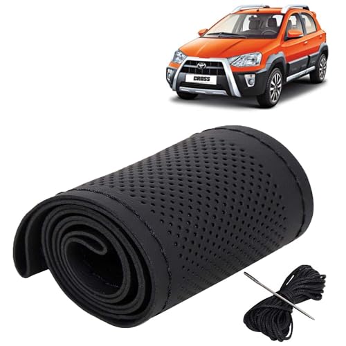 Image of KINGSWAY PU Leatherite Car Steering Cover Sewable Compatible with Toyota Etios Cross (Year 2014 Onwards), Black Color with Black Thread, Pack of 1 with Sewing Needle and Thread
