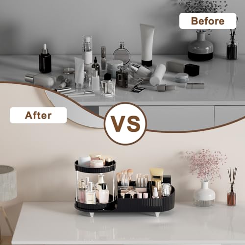 Image of Makeup Organizer Countertop for Vanity with 360 Rotating Perfume Trays, 7-Compartment Skincare Organizers and Make Up Desk Storage, Cosmetic Organizer with Brush Holder for Bedroom Bathroom Counter