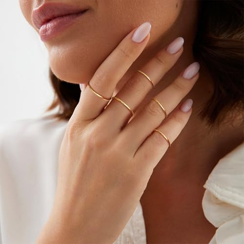 MILACOLATO Gold Rings for Women | 1mm Thin Stainless Steel Bands Rings | Midi Thumb Pinky Toe Stacking Kunckle Rings 7Pcs | Rounded Comfort-Fit Size 3/4/5/6/7/8/9 - Thumbnail 5