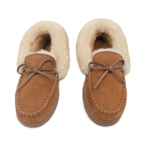 surell Women's Sheepskin and Shearling Moccasins - Warm Winter Slippers - Fuzzy Slides Tan Natural Slippers with Leather Tie3
