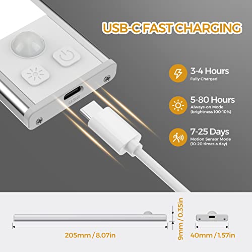 Image of 3 Pack Under Cabinet Lights, 32 LED Warm White Rechargeable Under Cabinet Lighting Motion Sensor LED Lights for Kitchen, Counter, Closet, Stairs (Silver - Warm White Light, 8.07 Inch - 3 Pack)