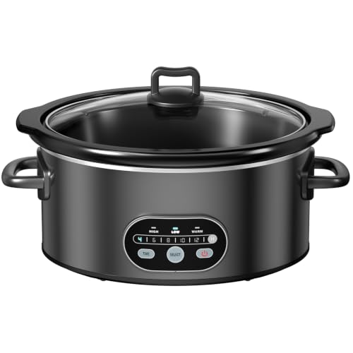 Image of NEWBULIG Slow Cooker 6 Quart, Large Slow Cooker, Ceramic Nonstick Coating, 3 Adjustable Temp Multi Cookers with Dishwasher Safe Stoneware Pot & Tempered Glass Lid, 35in Tangle Free Cord Wrap, Black