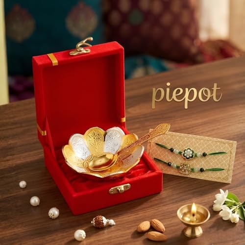 Image of Designer Rakhi Gift Set for Brother | German Silver Bowl & Spoon | Premium Raksha Bandhan Gift Hamper | Velvet Gift Box | Festive Return Gift