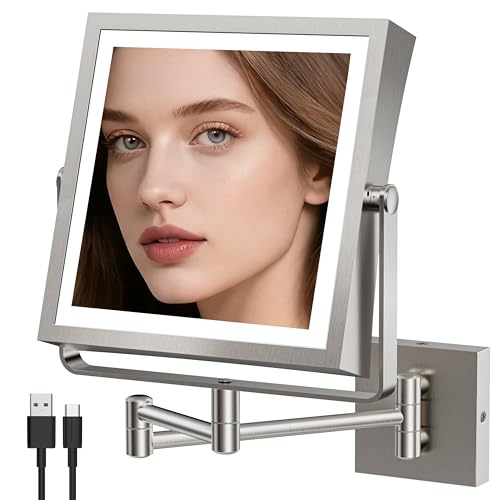 Espejo de maquillaje cuadrado con luz montado en pared miniatura 1