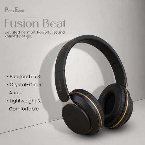 Image of PunnkFunnk FusionBeat Wireless Bluetooth Headphones with BT 5.3, Noise Cancelling, Hi-Res Audio, 40mm Drivers, Deep Bass, Memory Foam Ear Cushions, Over-Ear Headset, Teens & Adults (Black)