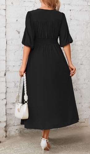 Image of Kormei Women Casual Boho V Neck 3 /4 Sleeve Smocked Waist A Line Flowy Swing Midi Dress Smocked Long Dress