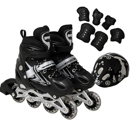 Patins Roller Inline 4 Rodas Skates Ajustavél - Patins Inline para Jovens e Adultos - Confortável e Seguro Para Iniciantes + Kit Completo com Capacete e Proteções (Preto/Preto, Roller G (37 ao 40))