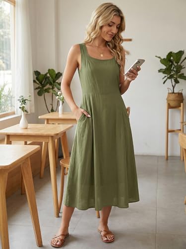 Image of Seta T Women's Linen Dresses Summer Sleeveless Sundress Casual Loose Flowy Midi Tank Beach Dress