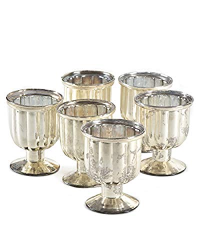 Serene Spaces Living Set Of 6 Antiqued Silver Mercury Glass Finish Pedestal Votive Candle Holders, Ideal For Weddings, Events, Measures 4.25" Tall And 3.25" Diameter #TOP30