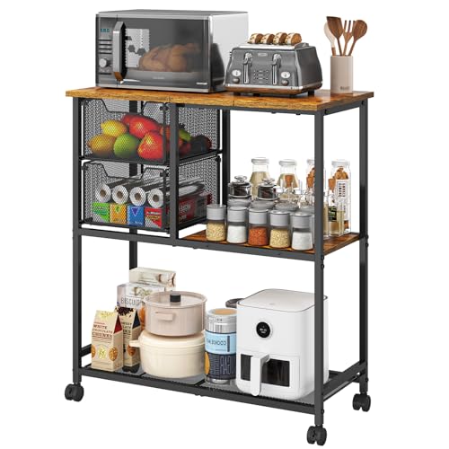 Kitchen Island Cart with Storage,Kitchen Table Cart with 2 Drawers for Fruit Vegetable,Rolling Microwave Cart with 2 Open Storage Shelf,Coffee Bar Station on Silent Casters,Bakers Rack with Wood Top