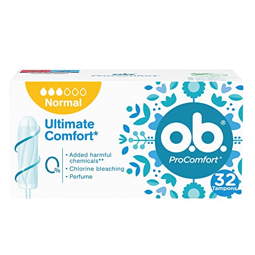 Tampones OB ProComfort Normal, tampones de absorbencia normal sin sustancias químicas nocivas, blanqueamiento con cloro ni fragancia, tampones sin aplicador, 32 unidades