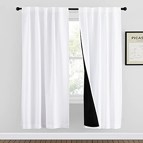 NICETOWN 100% Blackout Window Curtains, Cold and Full Light Blocking Drapes with Black Liner for Nursery, 72 Inches Drop Thermal Insulated Draperies for Studio (Pure White, 2 Pieces, 42 inches Wide)