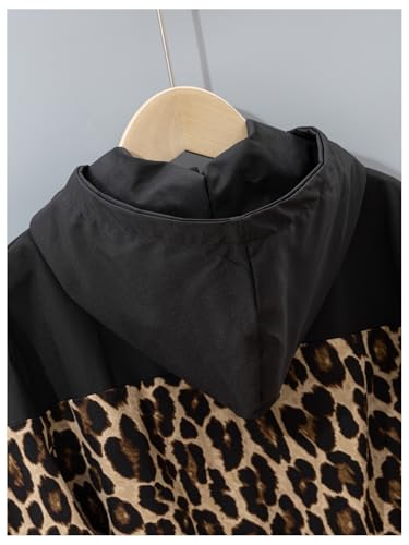 Girl's Leopard Print Zip Up Hooded Jacket Long Sleeve Color Block Windbreaker Outerwear3