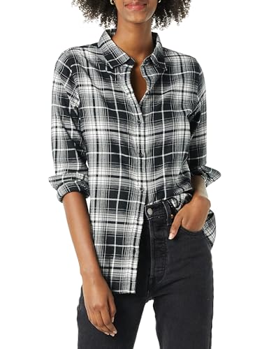 Amazon Essentials Women's Regular-Fit Long-Sleeve Lightweight Plaid Flannel Shirt, Black White Large Plaid, XL