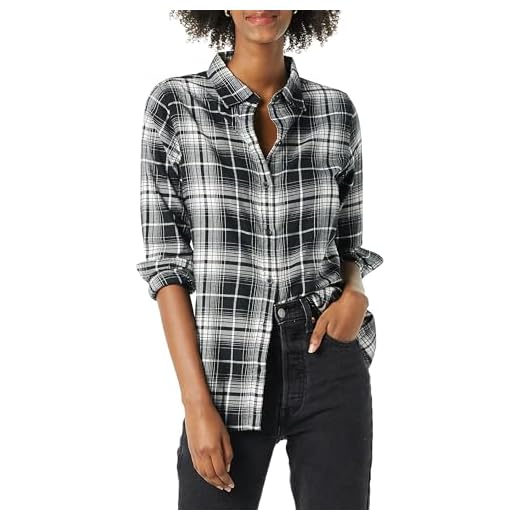 Amazon Essentials Chemise en Flanelle à Carreaux Légère, Manches Longues, Coupe Classique Femme, Blanc Noir Grand Plaid, L