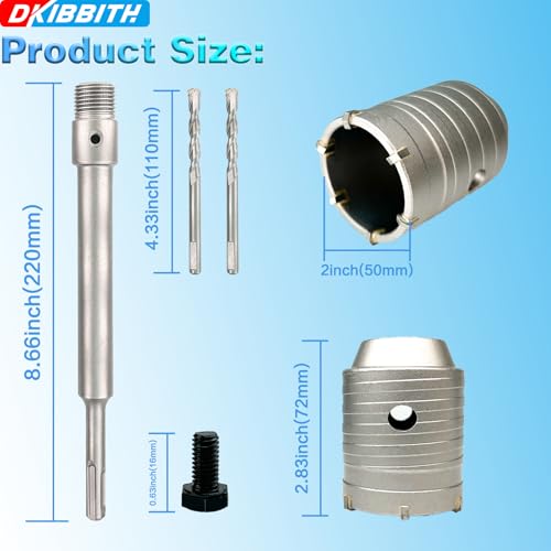 Image of 2 inch Concrete Hole Saw, 50mm Tungsten Steel Core Bit for Cinder Block, Brick, Rock, Plank Walls for Pipes or mini Split Lines, with SDS Plus Shank and 2 Center Positioning Drill Bits.