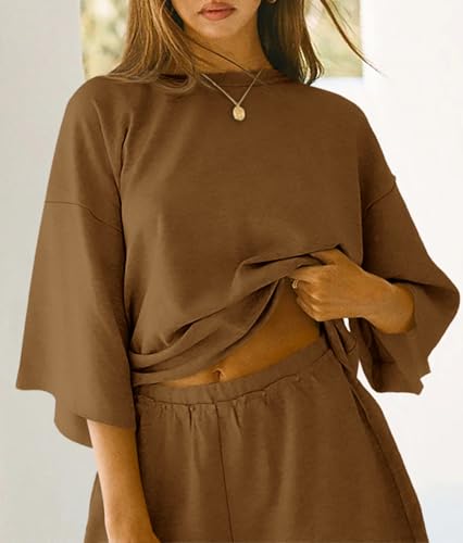 Image of Tankaneo Womens Pajama Sets 3 /4 Sleeve Oversized Tops & Loose Fit Shorts Lounge Set with Pockets Loungewear