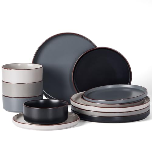 Famiware Nebula Ridge Stoneware Dinnerware Sets, Plates and Bowls Sets for 4, 12 Pieces Dishes Set, Microwave and Dishwasher Safe Kitchen Plates, Multi-color by famiware - Used condition - US$59.51