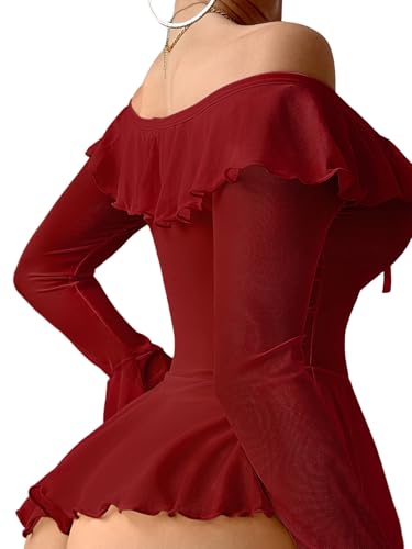 Image of Foxiny Sheer Ruffle Long Sleeve Babydoll Lingerie Dress | Off-shoulder neckline, flared cuffs and a flounce hem add movement; thong and thigh-high stockings complete the 3-piece set