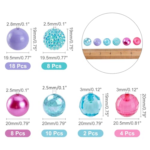 PH PandaHall 50pcs Chunk Beads, 20mm Bubblegum Beads Colorful Pen Beads Large Rhinestone Pearl Beads Loose Beads Round Spacer Beads for Jewelry Bracelet Necklace Pen Bag Chain Making Crafts Supplies