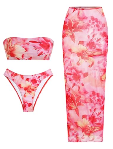 Image of ZAFUL Womens 3pcs Bikini Swimsuits Bandeau 3 Piece Swimwear High Cut Bikini Sets with Long Sheer Coverup Dress