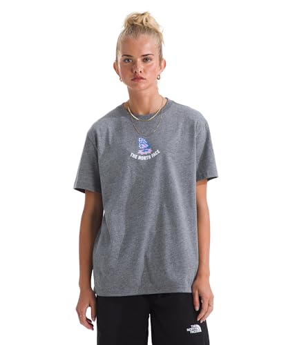 THE NORTH FACE Women's Evolution Butterfly Short-Sleeve Tee | Regular Fit Cotton Shirt with Logo Graphic, Set-in Sleeves & Durable Ribbing, TNF Mid Grey Heather, Large