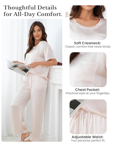 Image of THXSILK Mulberry Silk Womens Pajama Set with Pocket, 2 Piece Lounge Sets for Women, Short Sleeve Sleepwear