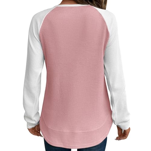 Damen Langarmshirt in Waffelstruktur mit Kontrastärmeln - Zweifarbiges Oberteil im Baseball-Stil | Lässiges Rundhals-Shirt für den Alltag