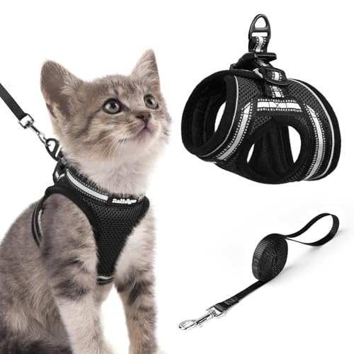 rabbitgoo Cat Harness and Leash Set for Walking Escape Proof, Adjustable Soft Kittens Vest with Reflective Strip for Cats, Comfortable Outdoor Vest, Black, S