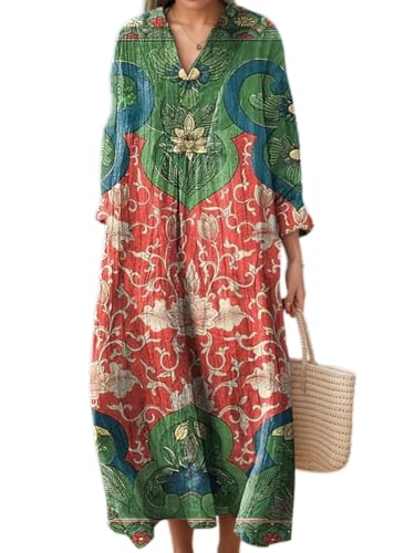 Womens Flowy Oversized Baggy Boho Floral V Neck Midi Dresses Long Sleeve Casual Loose Dress with Pockets