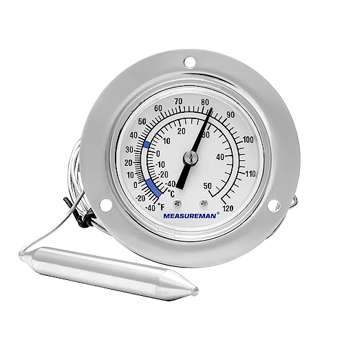 MEASUREMAN Vapor Capillary Flanged Panel Mount Refrigeration Thermometer, 2" Dial, 48" Capillary, -40-120 deg F/-40-50 deg C, Re-Calibration Available by MEASUREMAN - Used condition - US$20.87