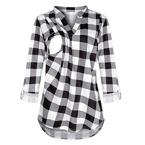Generisch Ropa de maternidad para mujer, manga larga, a cuadros, estampada, camisa de lactancia, blusa de lactancia, top con cuello en V, traje de mujer embarazada, Negro , XL