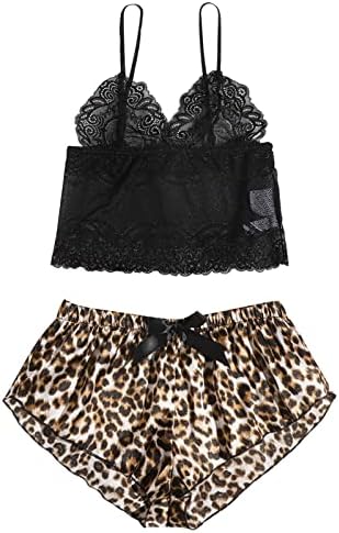 Women Lingerie Lace Pajamas Set 2 Piece Babydoll Set Cami Shorts Nightwear Shorts And Top Brown