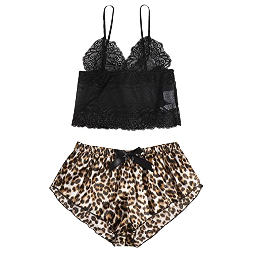 Women Lingerie Lace Pajamas Set 2 Piece Babydoll Set Cami Shorts Nightwear Shorts And Top Brown #TOP3