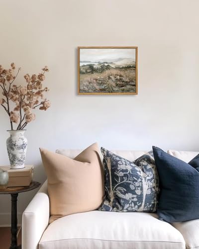 Image of KISSFOX Framed Wall Art Vintage Wall Art Hills Lake Scenery Canvas Art Countryside Pictures Landscape Paintings Neutral Artwork Farmhouse Prints For Bedroom Kitchen Living Room