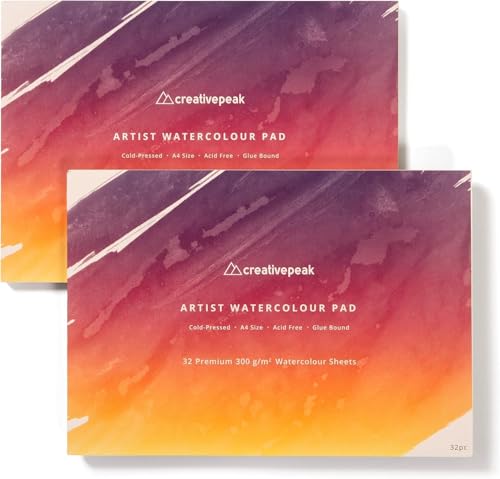 Watercolour Paper Painting Pad (64 Sheets, A4 Size (21x29.7cm), 2 PK) Premium 300 GSM Thick Professional Sketchbook for Mixed Media, Smooth & Slightly Textured Minimizes Bleeding by CreativePeak