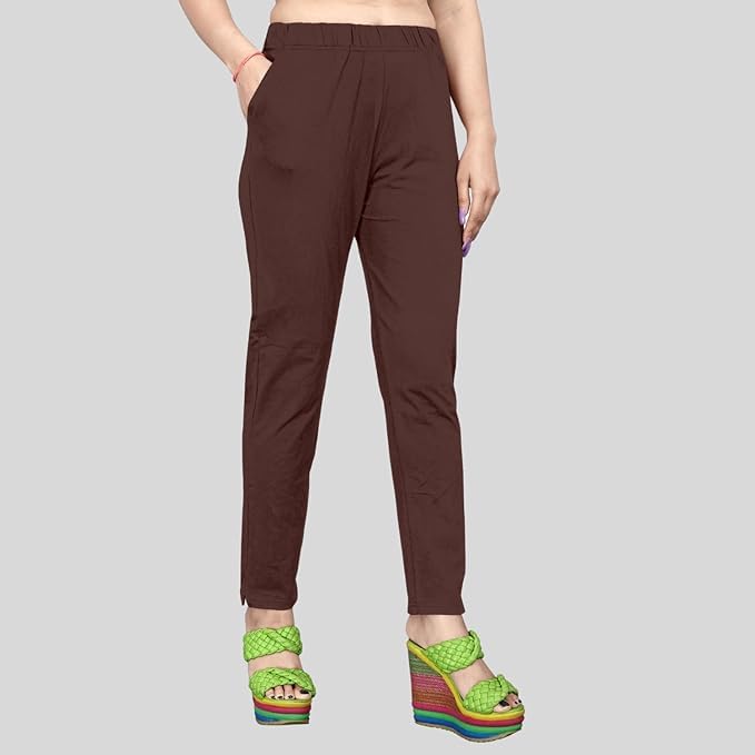 Image of Women's Solid Cotton Lycra Pants-High Waist Slim Fit Stretchable Leggings - Comfortable Long Trousers for Casual, Office & Everyday Wear