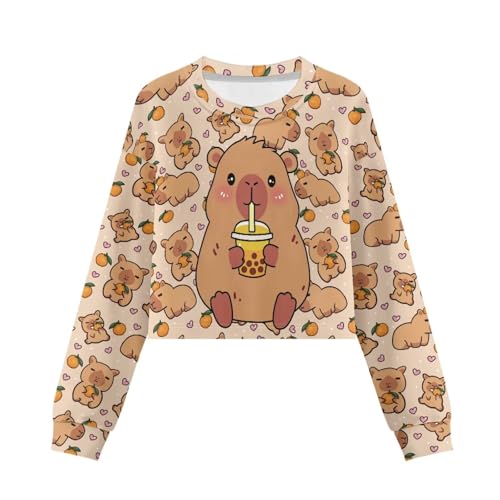 Girls Long Sleeve Crop Tops Cute Crewneck Sweatshirt Spring Fall Top Graphic Cropped Shirts for Girls 5-142