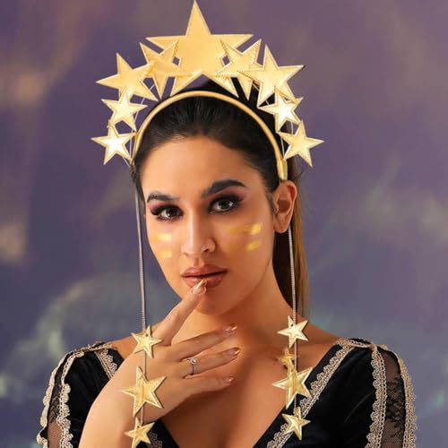 Zoestar Diadema de estrellas con halo dorado, diadema con corona, diadema de diosa estrella, accesorio para el cabello para fiestas, disfraces para mujeres