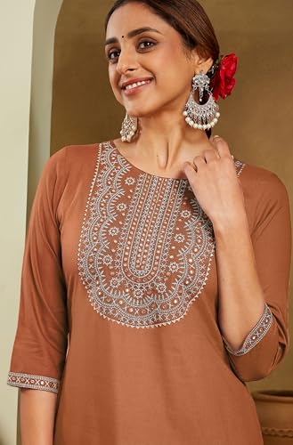 Image of Janasya Women's Rayon Embroidered Straight Kurta