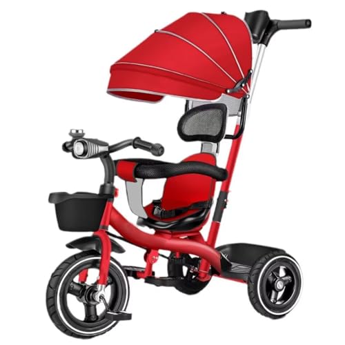 Toddler Buggies Tricycle for Age 1-5,Kids Trike with Removable canpoy and Parent Push Handle,4 in 1 Toddler Stroller Trolley with Headlight,Swivel seat,Titanium Wheel,Rear Wheel Dual Brakes (red tita