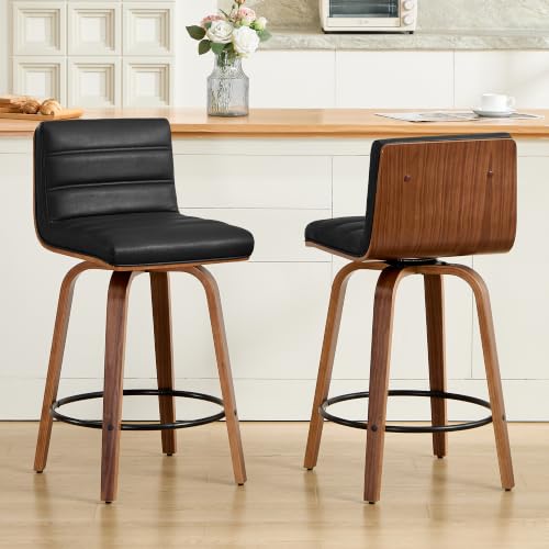 Image of Swivel Bar Stools Set of 2,26 inch Faux Leather Counter Height Barstools with Back,Mid Century Modern Upholstered Bar Chairs with Bentwood Legs Island Stools for Kitchen Counter Black